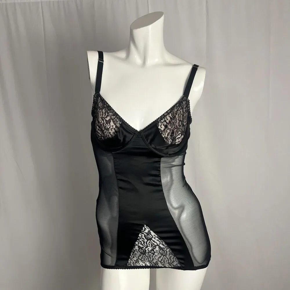 Y2K Vintage Victoria's Secret Black Slip Dress Mesh Panels Lace Garter Size 34C